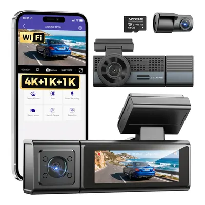 AZDOME M500 3 Kameralı 150 ° Görüş Açısı 4K Ultra HD Gece Görüşlü WiFi GPS Araç İçi Kamera