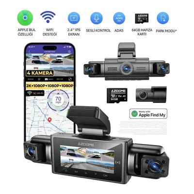 AZDOME M350 4 Kameralı 270 ° Görüş Açısı 2K Ultra HD Gece Görüşlü WiFi GPS Araç İçi Kamera (Apple Find My)