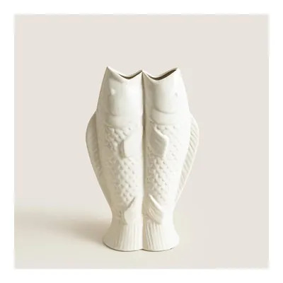 Çift Balık Figürlü Beyaz Stoneware Vazo