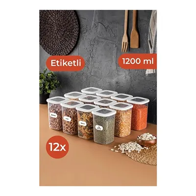 Vienev Beyaz Etiketli 12'li Set Orta Boy 1,2 Litre Kare Erzak Saklama Kabı Beyaz