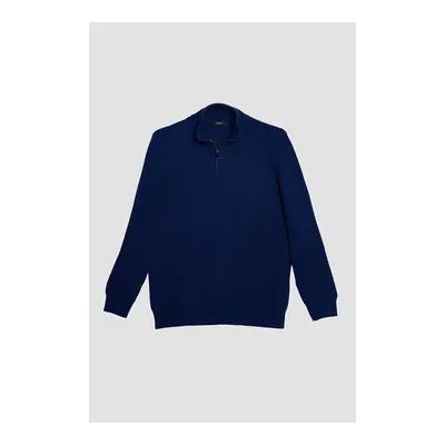 Erkek Slim Fit Dar Kesim Dik Yaka Fermuarlı Sax Mavi Triko Kazak