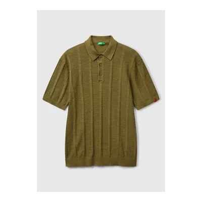 United Colors Of Benetton Erkek Haki Pamuk Karışımlı Kontrastlı Düğmeli Regular Fit Triko Polo Tişört