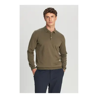 Erkek Haki Pamuklu Standart Fit Normal Kesim Polo Yaka Triko Kazak