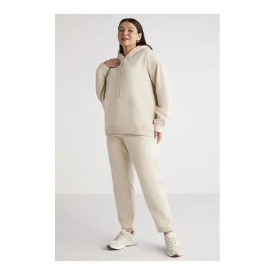 ETHIQUET Lenkabb Kadın İçi Polarlı Comfort Fit Beli ve Paçası Lastikli Bej Eşofman Altı