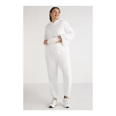 ETHIQUET Lenkabb Kadın İçi Polarlı Comfort Fit Beli ve Paçası Lastikli Beyaz Eşofman Altı