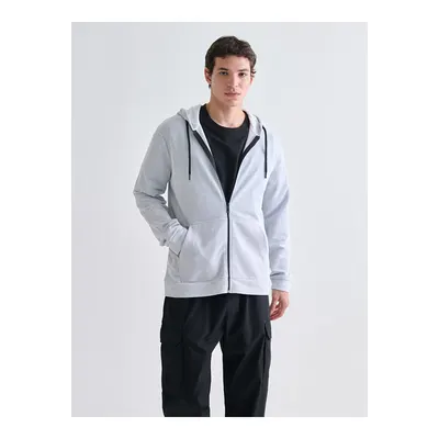 Gri Kapüşonlu Uzun Kollu Erkek Fermuarlı Sweatshirt