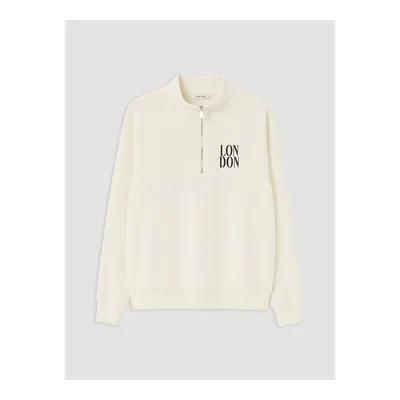 Ekru Dik Yaka Baskılı Kadın Sweatshirt